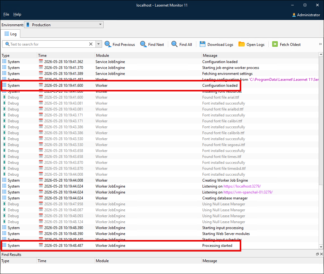 The Lasernet Core environment's log in Lasernet Monitor with two relevant log entries indicated by red rectangles.